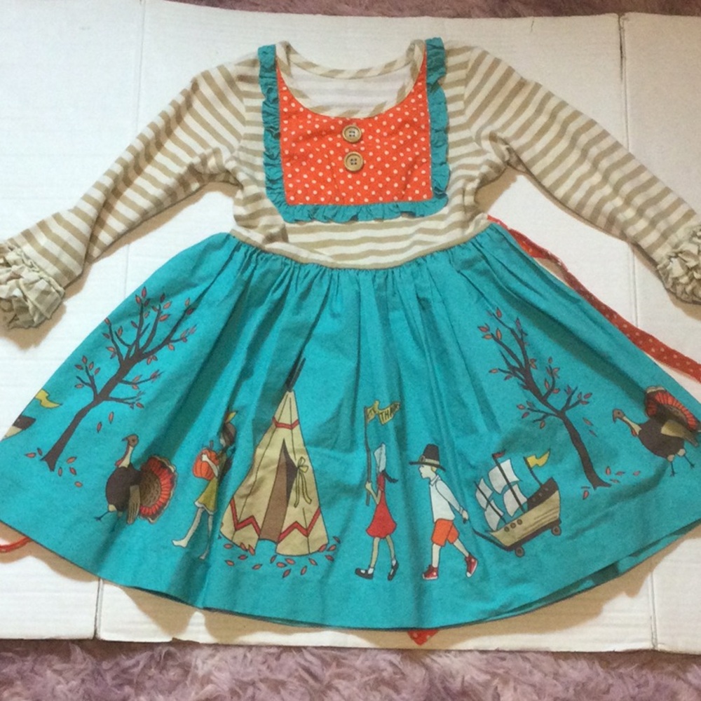 Eleanor Rose Teal Orange Cream Striped Adventure Print Dress